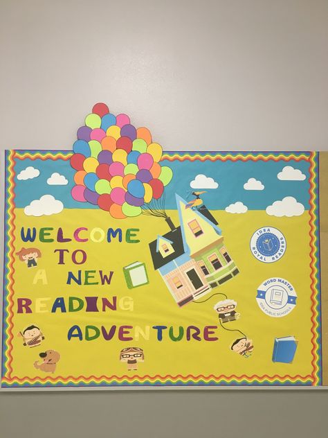 Disney up inspired bulletin board Disney Reading Bulletin Boards, Bulletin Board Ideas Disney, Disney Library, Disney Bulletin Boards, Ra Themes, Art Bulletin Boards, Up Disney, Reading Bulletin Boards, Disney Classroom