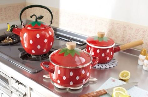 Strawberry pots Strawberry Pots, Strawberry Kitchen, Strawberry Decorations, Cute Kitchen, Kawaii Shop, Kitchen Stuff, Pots And Pans, Cooking Utensils, 인테리어 디자인