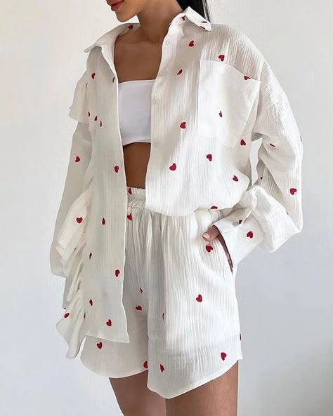 Women's Temperament Leisure Heart Printing Long-sleeved Shirt And Shorts Suit Cotton pajama last one#heartprintedsuit Vacation Sleepwear, Two Piece Shorts Set, Leisure Suit, Long Sleeve And Shorts, Room Bed, Ruffle Long Sleeve, Ruffle Shirt, Loose Shirts, Ruffle Shorts