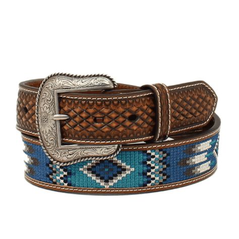 Ariat Men's Southwestern Brown & Blue Embroidered Belt A1038702 Southwestern Patterns, Embroidered Belt, M F, Western Wear, Mens Belts, Belt Buckles, Belts, Genuine Leather, Buckle