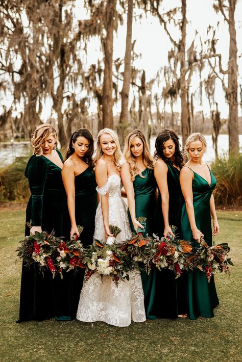 Velvet Emerald Bridesmaid Dress, Dark Green Velvet Dress Bridesmaid, October Wedding Dark Green, Christmas Themed Wedding Bridesmaids, Emerald Green Fall Bridesmaid Dresses, Emerald Green And Rose Gold Bridesmaid Dresses, Maid Of Honor Dress Emerald Green, Silk And Velvet Bridesmaids, Emerald Green Bridesmaid Dresses Mix And Match