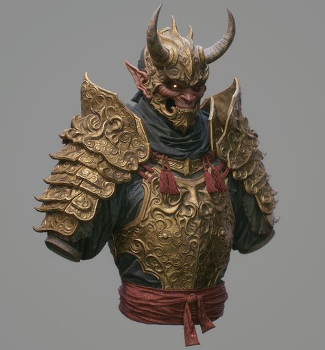 Oni Armor, Golden Samurai, Japanese Demons, Zbrush Hair, Beast King, Oni Samurai, Japanese Oni, Oc Outfits, Digital Sculpting