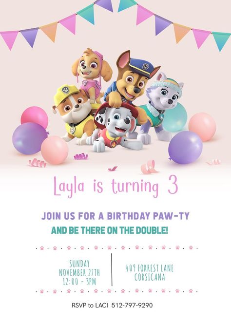 Paw Patrol 3rd Birthday Invitations, Paw Patrol Party Invitations Free, Paw Patrol Invite, Paw Patrol 2nd Birthday Girl, Paw Patrol Second Birthday, Skye Birthday Party Ideas, Paw Patrol 3rd Birthday Party Girl, Paw Patrol Invitations Free Template, Paw Patrol Birthday Party Girl