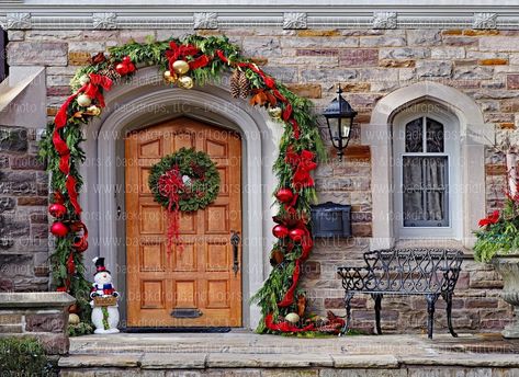 Christmas Front Door Photography Backdrop Brick House Red | Etsy Christmas Garland Doorway, Entry Christmas Decor, Garland Doorway, White Pine Garland, Pine Garland Christmas, Pine Garland, Christmas Front Doors, Christmas Porch Decor, Hanging Garland