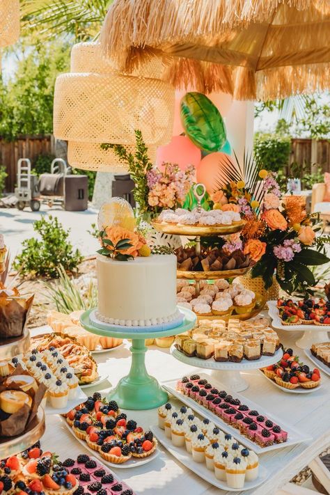 Dessert Table Tropical, Tropical Party Food Table, Tropical Dessert Table Ideas, Tropical Themed Dessert Table, Tropical Theme Engagement Party, Colorful Dessert Table, Tropical Dessert Ideas, Tropical Dessert Table, Luau Dessert Table