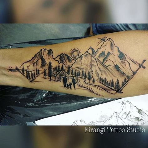 Family: We walk together, stay together. This ink was especially customised for a client, he is very close to the mountains and his family. Family Walking Tattoo, Mountain Family Tattoo, Outdoor Tattoo, Family Tattoo Ideas, F Tattoo, Wood Tattoo, Moose Family, Family Tattoo, Walk Together