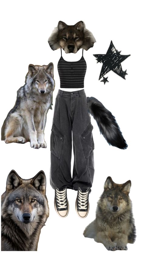 <3 Wolf Therian Outfit, Wolf Aesthetic Outfit, Werewolf Clothes, Werewolf Aesthetic Outfit, Wolf Inspired Outfits, Therian Clothes, Therian Style, Therian Outfits, Scene Fits