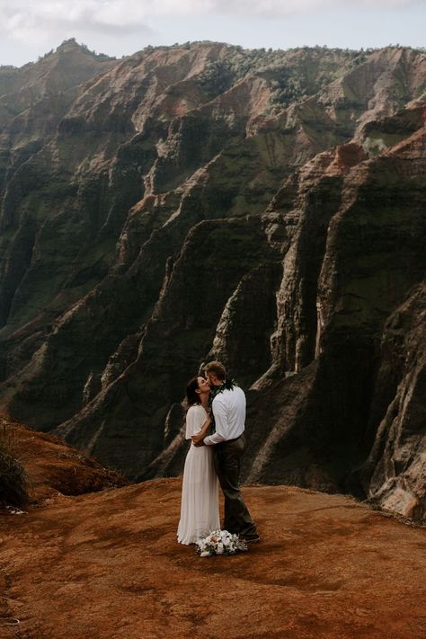 Waimea Canyon Elopement, Kauai Photoshoot, Bold Photography, Dunes Photoshoot, Mountain Inspiration, Kauai Elopement, Wind Blown Hair, Expensive Wedding Dress, Kauai Wedding