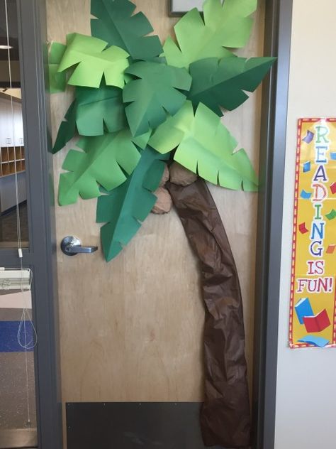 Caribbean Classroom Theme, Palm Tree Classroom Decor, Jungle Theme Classroom Decorations Ideas, Jungle Door Decorations, Diy Jungle Theme Decorations, Tree Entrance, Jungle Vbs, Jungle Door, Vbs Jungle