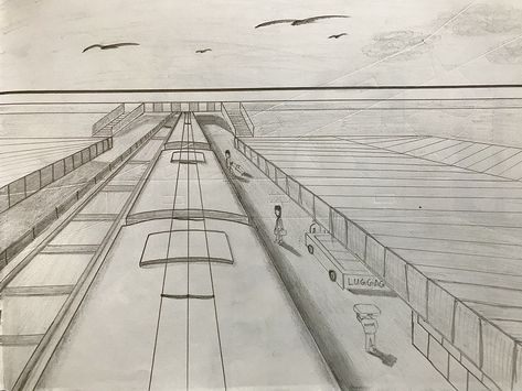 1 Point Perspective - View of a Railway Station Station Drawing, Train View, 2 Point Perspective Drawing, Perspective Lessons, Memory Drawing, 1 Point Perspective, Perspective Sketch, Perspective View, Perspective Drawing Lessons