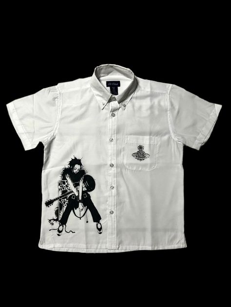 Y2k White Button Up, Cool Designs On Shirts, Grunge Button Up, Button Up Design, Button Up Shirt Design Ideas, Y2k Button Up Shirt Outfit, Graphic Button Up Shirt Outfit, Graphic Button Up, Cool Button Up Shirts