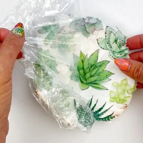 How Do You Decoupage, Decoupage Paper Napkins, Decoupage Rocks With Napkins, Napkins And Modpodge, Decoupaged Sea Shells, Decoupaging With Napkins, Items To Decoupage, Paper Napkin Decoupage, Napkin Art Diy Crafts