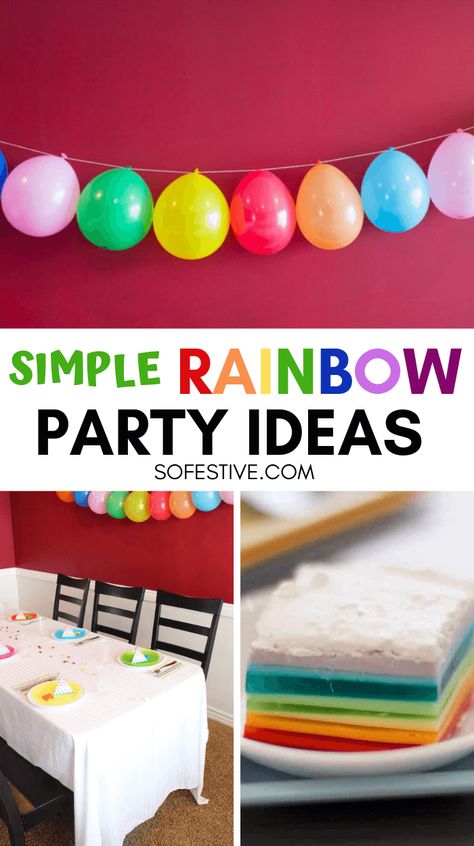 Fun colorful Rainbow Party Ideas including decorations, rainbow recipes, party games, favors and other rainbow party ideas. Such a fun party theme! Rainbow Theme Party Games, Rainbow Birthday Games, Diy Rainbow Party Decorations, Diy Rainbow Decorations, Rainbow Party Ideas, Rainbow Recipes, Rainbow Birthday Party Decorations, Diy Photobooth, Colour Party