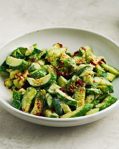 Smashed Cucumber Salad with Tahini Miso Dressing - Whisper of Yum Whisper Of Yum, Chinese Side Dishes, Miso Tahini, Smashed Cucumber, Tahini Salad, Tahini Salad Dressing, Smashed Cucumber Salad, Artichoke Soup, Thai Basil Chicken