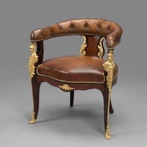 OnlineGalleries.com - A Louis XV Style Gilt-Bronze Mounted Desk Chair Retro Office Chair, Gilded Furniture, Mounted Desk, Biedermeier Furniture, Vintage Couch, Chair Desk, Antique French Furniture, Victorian Furniture, Antique Chairs