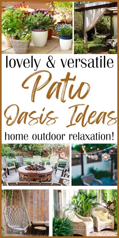 Collage of patio decor with hanging swing chair, cozy chairs with lush plants, firepit with adirondack chairs, globe string lights, planters and flowers, curtained pergola with bistro table Patio Oasis Ideas, Patio Oasis, Relaxing Patio, Small Patio Decor, Small Outdoor Patios, Vintage Patio, Patio Inspiration, Budget Patio, Patio Flooring