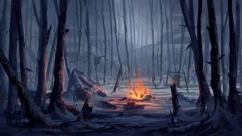 Vn Background, Dnd Poster, Forest Concept Art, Winter Campfire, Winter Forest Concept Art, Winter Forest Art, Winter Forest Illustration, Winter Architecture, Snow Forest Fantasy Art