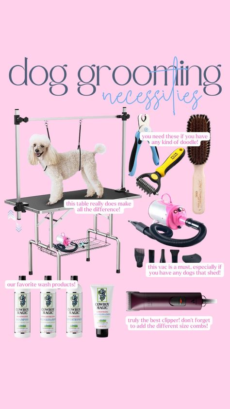 Dog Grooming Necessities!! 🐾✂️ Essential Dog Grooming Must-Haves! 🛁🐶 Explore the best tools and products for a paw-some grooming routine! #DogGrooming #PetCare #FurBabyEssentials #GroomingTools #DogSpa #FurCare #PetGroomingSupplies #DogBath #PamperedPooch #PetParenting #DogLovers #FurBabyLife #PawsAndClaws" Dog Grooming Tools Professional, Dog Grooming Accessories, Dog Grooming Essentials, Mobile Grooming Ideas, Dog Grooming For Beginners, Grooming Organization, Small Dog Grooming Salon Ideas, Dog Grooming Room, Dog Grooming Salon Ideas