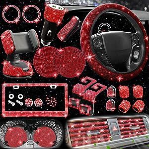 NBTEPEM 27 PCs Bling Car Accessories Set for Women, Bling Steering Wheel Covers Universal Fit 15 Inch, Bling License Plate Frame, Bling Phone Holder, Bling Car Coasters (Red Diamond) Pink Car Accessories, Glitter Car, Bling Car, Bling Car Accessories, Seat Belt Pads, Car Vent, Pink Car, Red Diamond, Accessories Set