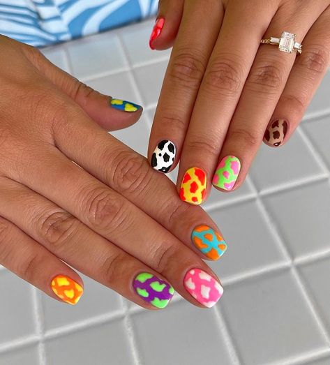 Colorful Cow Print, Cow Print Nails, Neon Nail Designs, Cute Summer Nail Designs, Cow Nails, Manicure Inspiration, Summer Manicure, Daisy Nails, Short Nails Art