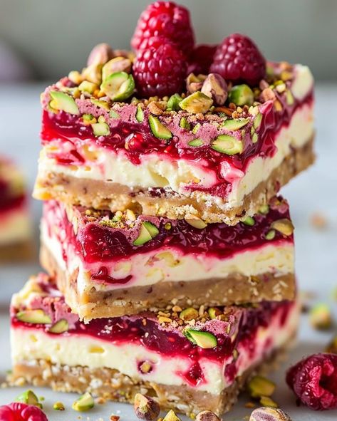 Pistachio Raspberry Cheesecake, Pistachio Raspberry Dessert, Heavenly Raspberry Pistachio Bars, Cheesecake Recipes Pistachio, Baklava Pistachio Cheesecake, Pistachio Cheesecake, Pistachio Dessert, Pistachio Cream, Recipes With Few Ingredients