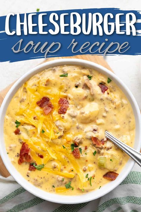 Bacon Cheeseburger Soup is a delicious blend of flavors from the classic cheeseburger but in warm, comforting soup. Made with ground beef, crispy bacon, creamy Velveeta cheese, and hearty potatoes, this Dutch oven recipe will become a family favorite. Stir in a dollop of sour cream for an extra creamy touch. Cheese Burger Soup Recipes | Cheese Soup | Fall Soups | Easy Soup Recipes | Ground Beef Recipes | Beef Recipes | Cooking Recipes | Cheese Recipes | Cheese Burger Soup, Cheeseburger Soup Slow Cooker, Crockpot Ham And Potatoes, Hamburger Rice Casserole, Burger Soup, Dutch Oven Recipe, Hamburger Rice, Bbq Beef Sandwiches, Bacon Soup Recipes