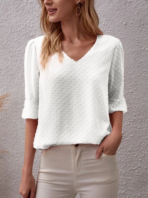 Flounce Sleeve Swiss Dot Blouse | SHEIN USA Swiss Dot Blouse, Plain Tops, Flounce Sleeve, Women Blouses, Swiss Dot, Shein Style, Trendy Fashion Women, White Casual, Sleeves Pattern