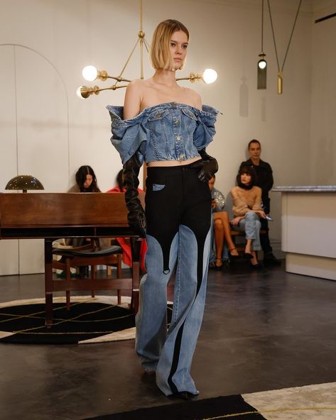 AUTUMN WINTER 2023 — HELLESSY Area Jeans, Long Denim Skirt Outfit, Leather And Denim, Denim Bustier, Jeans Details, Crystal Embroidery, Blue Denim Shirt, Denim Skirt Outfits, Hi Fashion