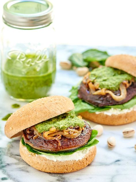 Portabella Burger, Portobello Mushroom Burger, Gluten Free Burger, Pistachio Pesto, Mushroom Burger, Green Pesto, Gluten Free Buns, Portobello Mushroom, Tasty Kitchen