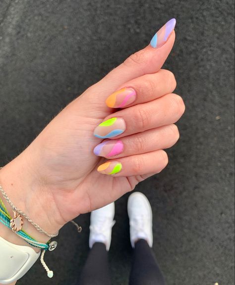 End Of Summer Nails Acrylic Almond, Almond Neon Nails, Subtle Neon Nails, Almond Nails Neon, Neon Almond Shaped Nails, Neon Abstract Nails, Neon Nails Ideas, Neon Nails Designs, Cute Almond Nails