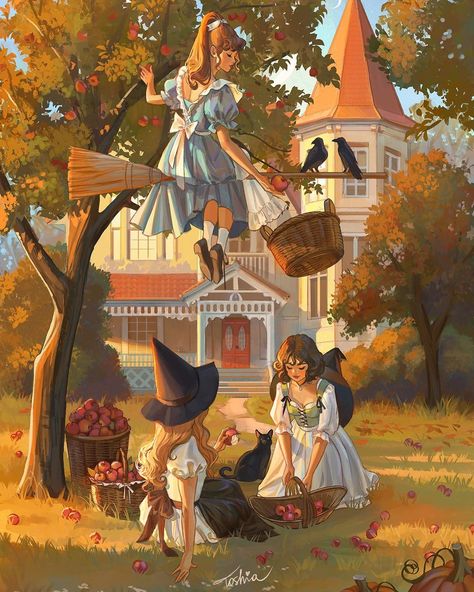 Three sisters on apple picking 🍎 Autumn is just around a corner and I’m excited for the cozy sweaters and warm tea 😌 What is your… | Instagram Sans Art, Arte Peculiar, Autumn Illustration, Witch Art, Apple Picking, Arte Fantasy, Dreamy Art, Illustration Artists, Pretty Art