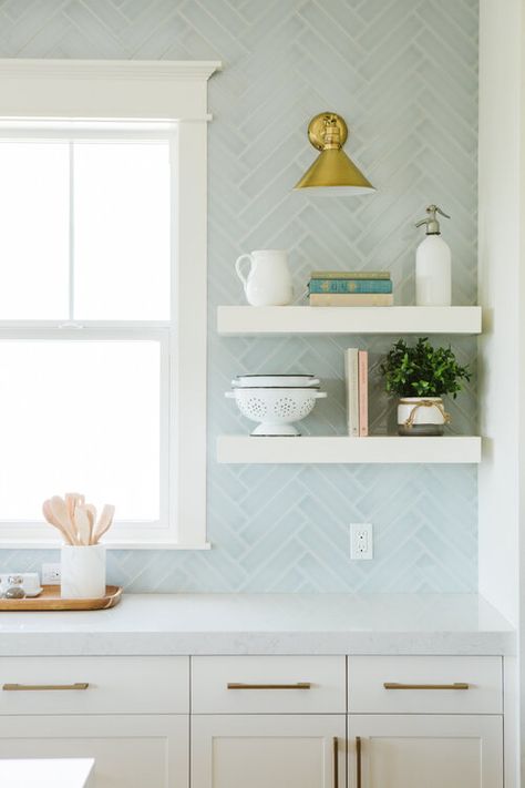 Beach Kitchen Backsplash Ideas, Light Blue Backsplash, Modern Coastal Kitchen, Mantel Styling, Blue Kitchen Tiles, Light Blue Kitchens, Coastal Kitchen Decor, Kitchen Mood Board, Blue Backsplash