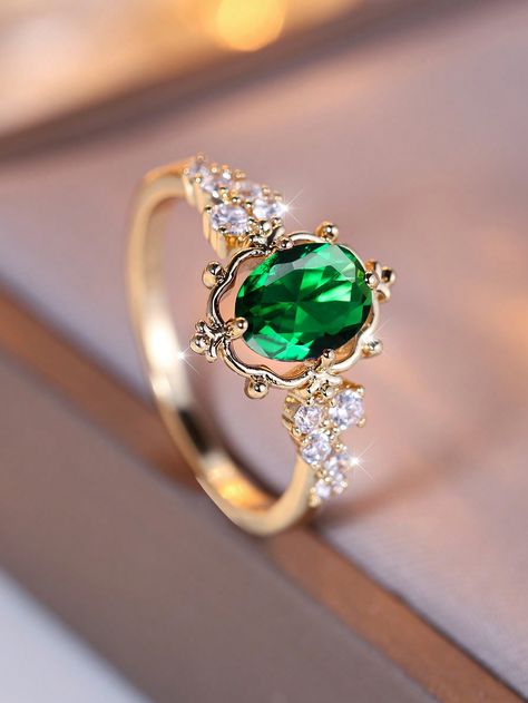 1pc Luxurious Vintage-Style Oval Edge Cz Stone Decorated Ring Suitable For Women's Parties And Banquets Green    Copper     Women Fashion Jewelry, size features are:Bust: ,Length: ,Sleeve Length: Jewelry Emerald, Emerald Stone Cottagecore Engagement Ring, Green And Gold Engagement Ring, Gold Emerald Ring, Nature-inspired Gold Emerald Ring As A Gift, Green Crystal Ring For Wedding, Fine Jewelry Style, Elegant Green Crystal Ring In 14k Gold, Gold Rings For Women, Emerald Crystal Ring For Wedding, Fine Jewelry