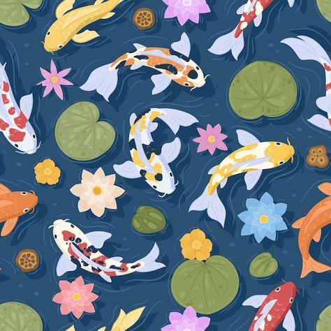 Koi Illustration Japanese, Koi Fish Pattern Design, Koi Fish Ipad Wallpaper, Koi Carp Painting, Koi Fish Digital Art, Koi Pond Illustration, Koi Fish Pond Drawing, Koi Fish Background, Pool Texture