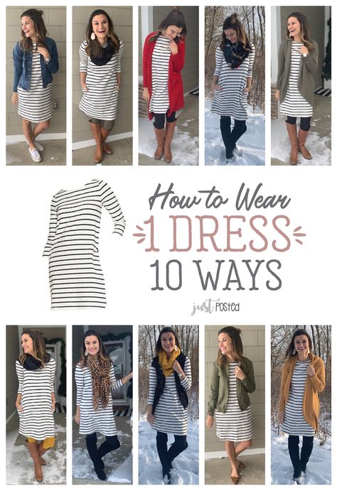 How to wear 1 striped dress 10 different ways! This black and white striped dress can be worn & styled so many ways. This dress is easy to wear all year long for each season and perfect for a capsule wardrobe. This is easy to dress up or down, for a wear to work outfit or for a teacher outfit! Striped Dress Outfit, Mode Ab 50, Teaching Outfits, Winter Dress Outfits, Teacher Outfit, Legging Outfits, Long Sleeve Knit Dress, Clothing Hacks, White Striped Dress