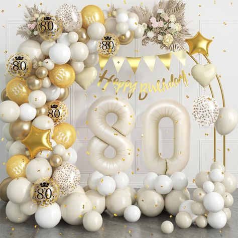 PRICES MAY VARY. ✨80th BIRTHDAY DECORATIONS✨:80th sand white gold birthday party decorations for women man include 32inch "80"foil balloons,1pc“happy birthday”banner,1pc triangle flag,43pcs sand white balloons(5+10+12"),20pcs white balloons(5+10"),10pcs 12inch“80”printed balloons(gold,confetti gold),6pcs metallic gold balloons(5+10"),4pcs foil balloons(star,heart-shaped),3pcs gold dot balloons,2pcs long balloon,glue,balloon strip,ribbon. ✨EASY TO ASSEMBLE✨：Putting together this 80th birthday bal 50th Anniversary Balloon Decorations, Balloon Decorations 60th Birthday, 50th Birthday For Women Decorations, 50th Birthday Decorations Men, 50 Birthday Balloon Ideas, All White 50th Birthday Party, 50 Birthday Decorations For Men, 50th Birthday Party Decorations Women, 50th Birthday Decor