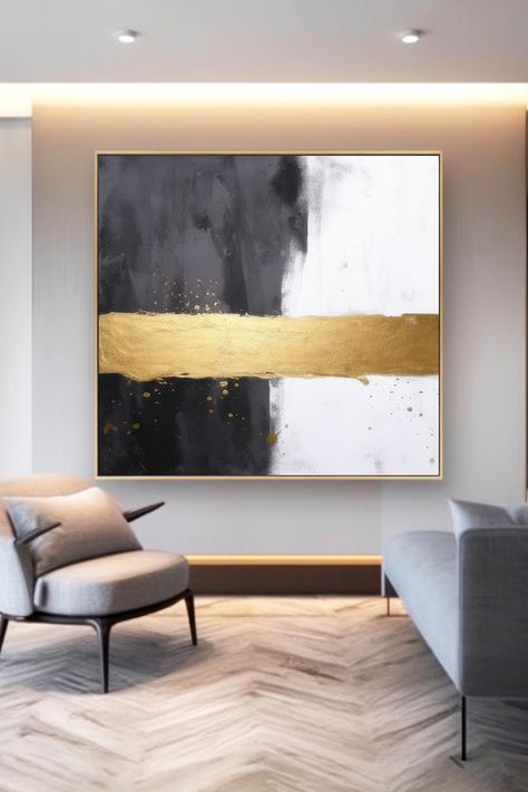 Original handmade abstract painting with black, white, and gold tones featuring bold brushstrokes and a striking horizontal gold accent Gold Abstract Wall Art, Black White And Gold, Black White Gold, Gold Accent, Abstract Wall, Art Original, Abstract Wall Art, Unique Pieces, Office Decor