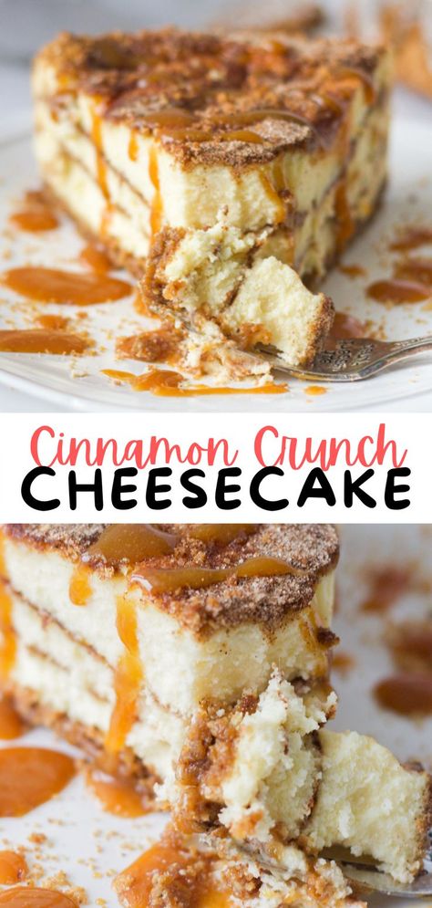 Cinnamon Crunch Cheesecake is packed with the decadent flavors of a cinn-a-bun! Topped with a crunchy cinnamon crumb and a drizzle of caramel, this easy cheesecake recipe delivers crowd pleasing results! It's a wonderful summer dessert! Cinnamon Swirl Cheesecake, Cinnamon Dessert Recipes, Easy Cheesecake Recipe, Crunch Cheesecake, Cinnamon Desserts, Cinnamon Cheesecake, Cinnamon Crunch, Caramel Drizzle, Easy Cheesecake Recipes