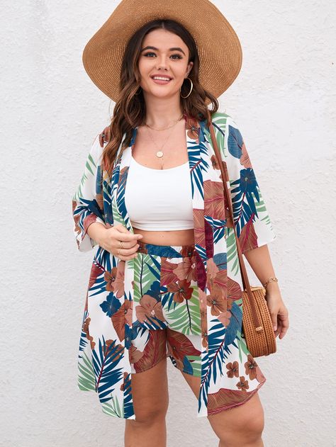 Plus Size Tropical Vacation Outfits, Kimono With Shorts, Tropical Vacation Outfits, Tropical Fashion, Purple Fits, Plus Size Fall Fashion, Summer Plus Size, Print Kimonos, Co Ords