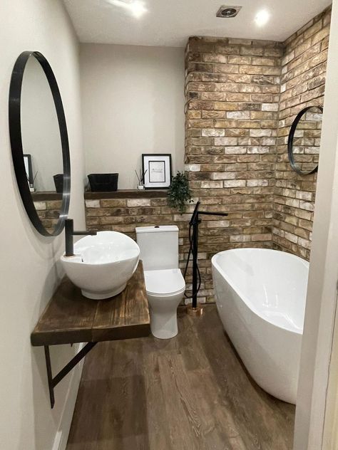 How stunning is this bathroom project completed using our Traditional London Yellow brick slips. Brick slips are a great choice in bathrooms when you're looking for a rustic finish that will stand out and add lots of character to the space. Brick Slip Bathroom, Brick Slip, Brick Bathroom, Brick Feature Wall, Brick Slips, Downstairs Loo, Reclaimed Brick, Downstairs Toilet, London Areas