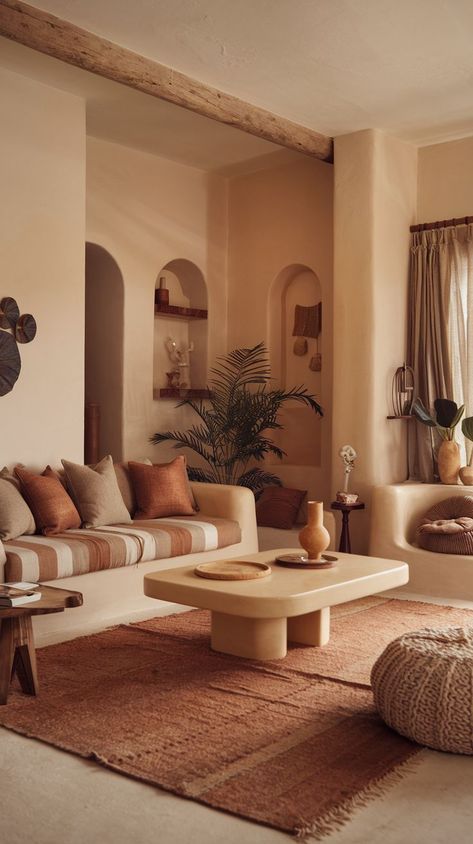 Embrace warmth and simplicity with these 20 cozy boho living rooms in neutral tones. Explore how soft beiges, earthy browns, and creamy whites can create a calming and stylish space for ultimate relaxation. Brown Beige White Living Room, Earthy Neutral Home Decor, Earthy Neutrals Living Room, Neutral Color Palette Interior Design, Brown Boho Aesthetic, Natural Living Room Earth Tones, Living Room Neutral Colors Earth Tones, 2025 Pantone, Clay Interior