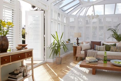 7 Easy Steps to a Stylish Conservatory - Love Chic Living Stylish Conservatory, Conservatory Interiors, White Roller Blinds, Conservatory Interior, Conservatory Decor, Patio Blinds, Best Blinds, Vinyl Shutters, Modern Blinds