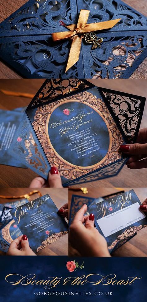 Beauty And The Beast Wedding Invitations, Fairytale Invitation, Beauty And The Beast Wedding Theme, Disney Wedding Invitations, Blue And Gold Wedding, Beauty And The Beast Wedding, Beauty And Beast Wedding, Beauty And The Beast Theme, Quince Invitations