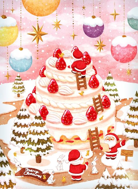 Christmas Dessert Table, Cake Drawing, Cake Illustration, Kawaii Christmas, Warm Christmas, Cute Images, Christmas Designs, Christmas Cake, Christmas Wallpaper