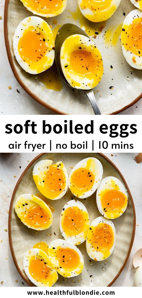 These "no boil" air fryer soft-boiled eggs have jammy middles and are the easiest, mess-free way to make eggs. They're perfect with toast or simply sprinkled with salt for a delicious snack, breakfast, or lunch addition. Eggs In Airfryer, Soft Boiled Eggs Recipe, Boiled Eggs Recipe, Egg Toast Breakfast, Medium Boiled Eggs, Blondie Recipes, Ways To Make Eggs, Boiled Egg Recipes, Hard Boiled Egg Recipes