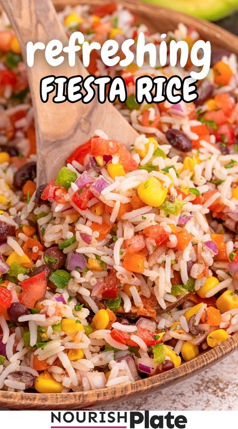 This Fiesta Rice is a quick, vibrant side dish with fresh veggies and a zesty dressing. Ready in 15 minutes, perfect warm or chilled for any meal. Rice Menu Ideas, Fiesta Rice, Rice Menu, Cold Side Dishes, Rice Meals, Slow Cooker Appetizers, Easy Summer Side Dishes, Summer Side Dish, Rice Side