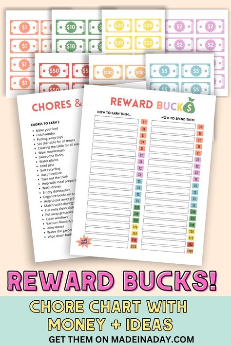 Looking for a fun effective way to motivate your kids to help out around the house? Try the Chore Chart with Money Rewards Bucks system! Combine the power of a traditional chore chart with the excitement of earning money bucks. Chores for money chart, Chore allowance, Kid reward ideas chart, Chore chart with rewards Chore Chart With Money, Chores For Money, Kids Earning Money, Allowance Chart, Reward Ideas, Chore Rewards, Reward System For Kids, Good Behavior Chart, Chore System