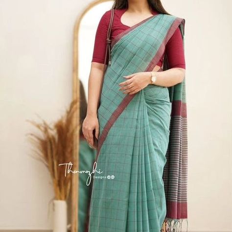 Khadi Hand Woven Check Saree with Blouse Piece #khadisaree #essenceofdebasmita Casual Saree Look For Office, Linen Cotton Sarees, Marathi Culture, Formal Saree, Cotton Saree Blouse Designs, Saree Wearing Styles, Cotton Saree Blouse, Checks Saree, Simple Saree Designs