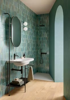 Teal Bathroom Accessories, Teal Bathroom Ideas, Teal Bathroom Decor, Green Tiles, Teal Bathroom, Brick Decor, Porcelain Wall Tile, Zellige Tile, Pink Bathroom