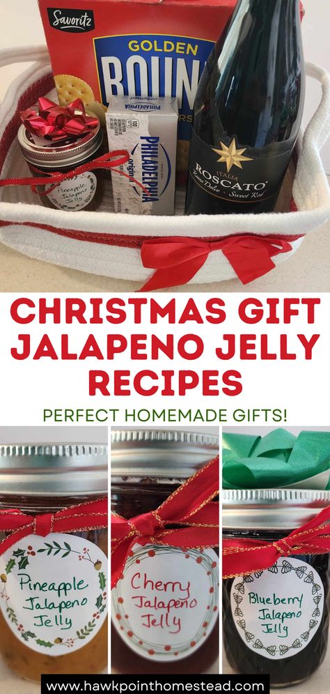 Coming up with personal gifts at Christmas time is always a challenge. Everyone has everything they could ever need, so why buy some useless gift! Gifts of homemade jalapeno jellies is thoughtful and out of the ordinary. Something that people will not expect, but will really appreciate. Would be great to give homemade jalapeno jelly in a basket with a pretty bowl with cream cheese, crackers and other special items! Even paired with a bottle of wine! Jam Gift Basket Ideas, Strawberry Jalapeno Jelly Recipe, Blueberry Jalapeno Jelly Recipe, Peach Pepper Jelly Recipe, Jam Gift Basket, Cream Cheese Crackers, Fall Canning, Jalapeno Jelly Recipes, Jelly Gift